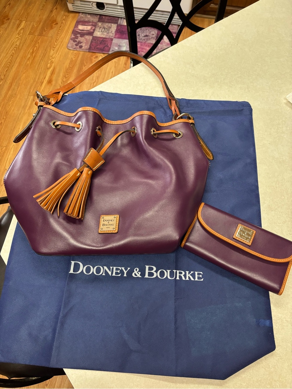 Dooney & Bourke Plum Leather Drawstring Hobo with Tan Trim